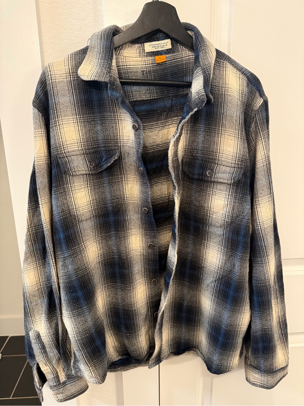 Blue, Black and White Plaid Button-Up Shirt